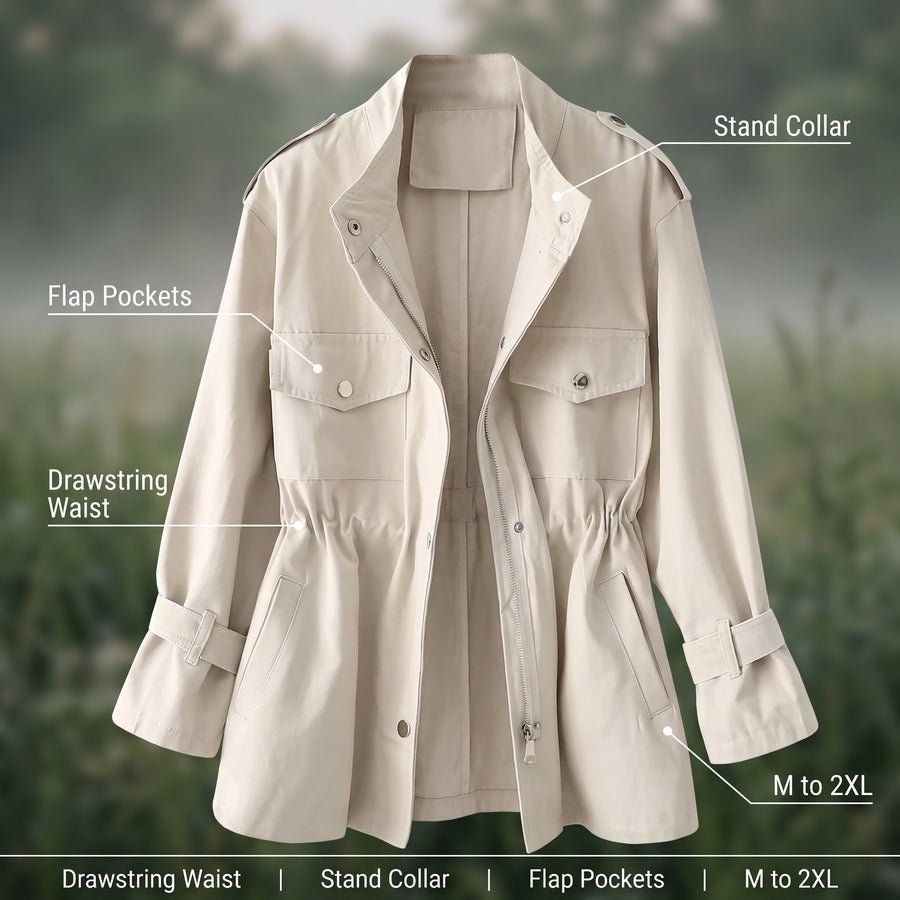 Women's Utility Jacket Drawstring Waist Stand Collar Field Coat, product photo 2