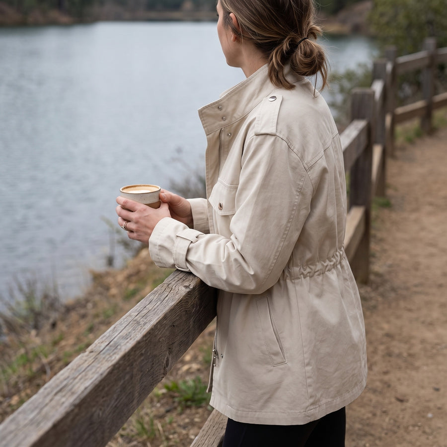 Women's Utility Jacket Drawstring Waist Stand Collar Field Coat, product photo 5