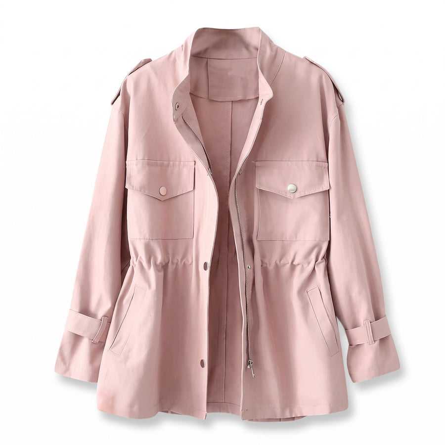 Women's Utility Jacket Drawstring Waist Stand Collar Field Coat, product photo 6
