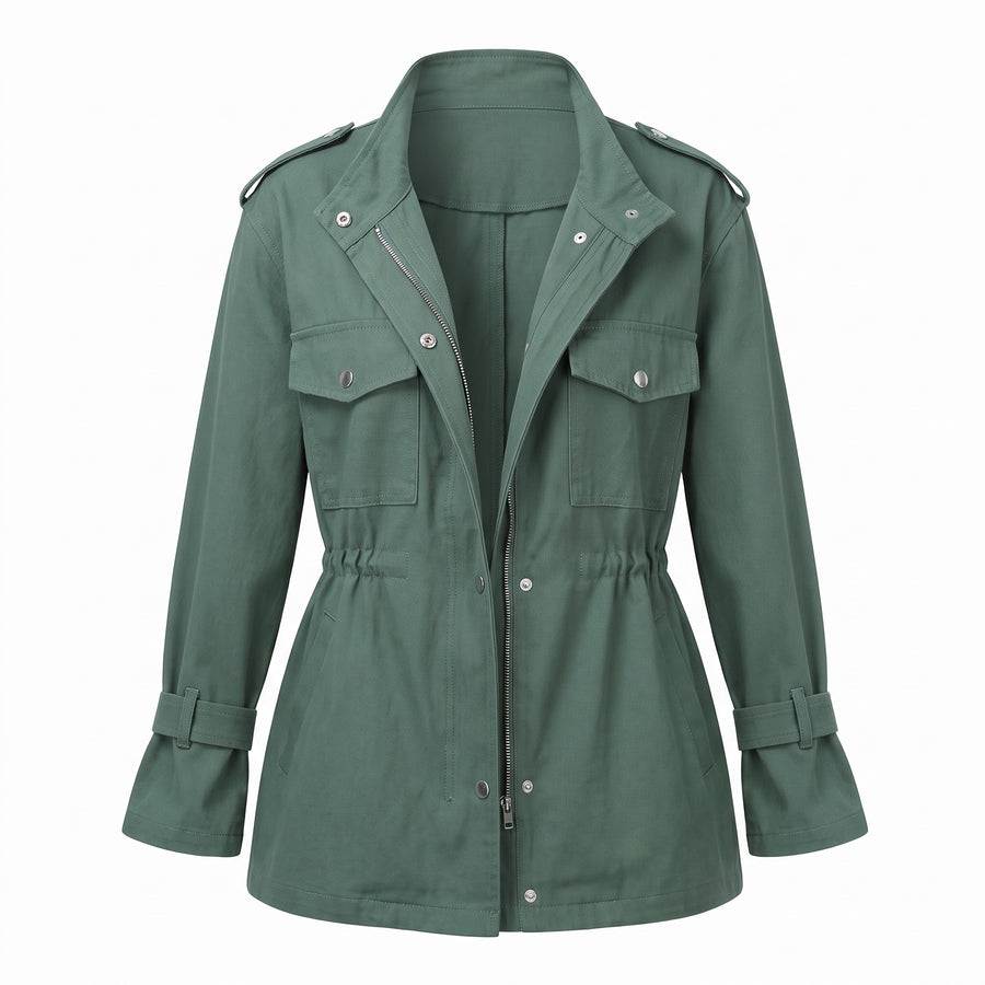 Women's Utility Jacket Drawstring Waist Stand Collar Field Coat, product photo 7