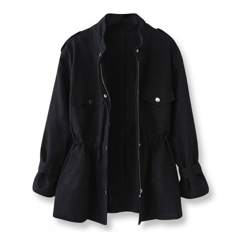 Women's Utility Jacket Drawstring Waist Stand Collar Field Coat, product photo 8