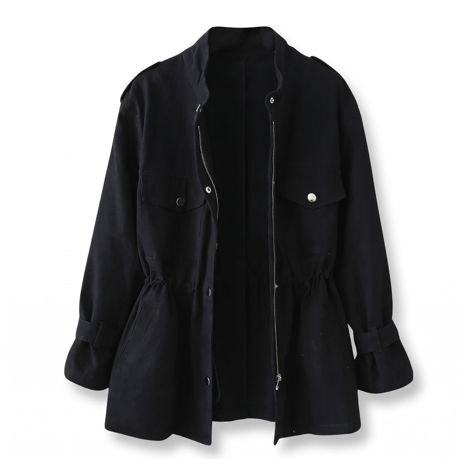 Women's Utility Jacket Drawstring Waist Stand Collar Field Coat, product photo 8