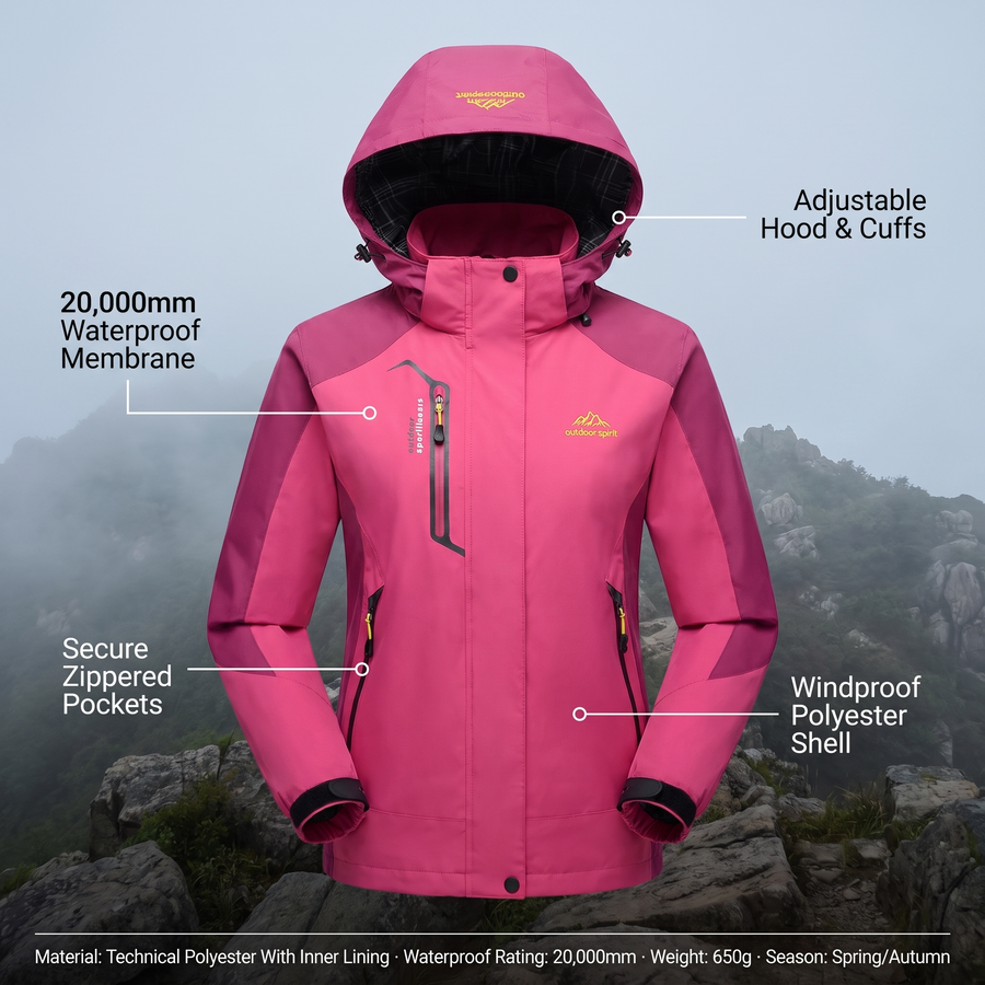 Women's waterproof hiking jacket infographic - 20000mm waterproof, adjustable hood, zippered pockets, windproof