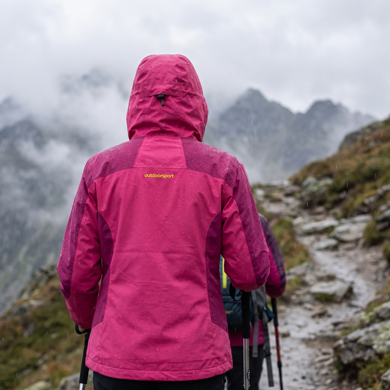Woman wearing pink waterproof hiking jacket on misty mountain trail
