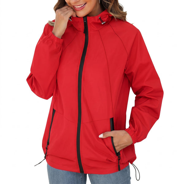 Women's Windbreaker Jacket Hooded Pockets Mid Length Loose Fit