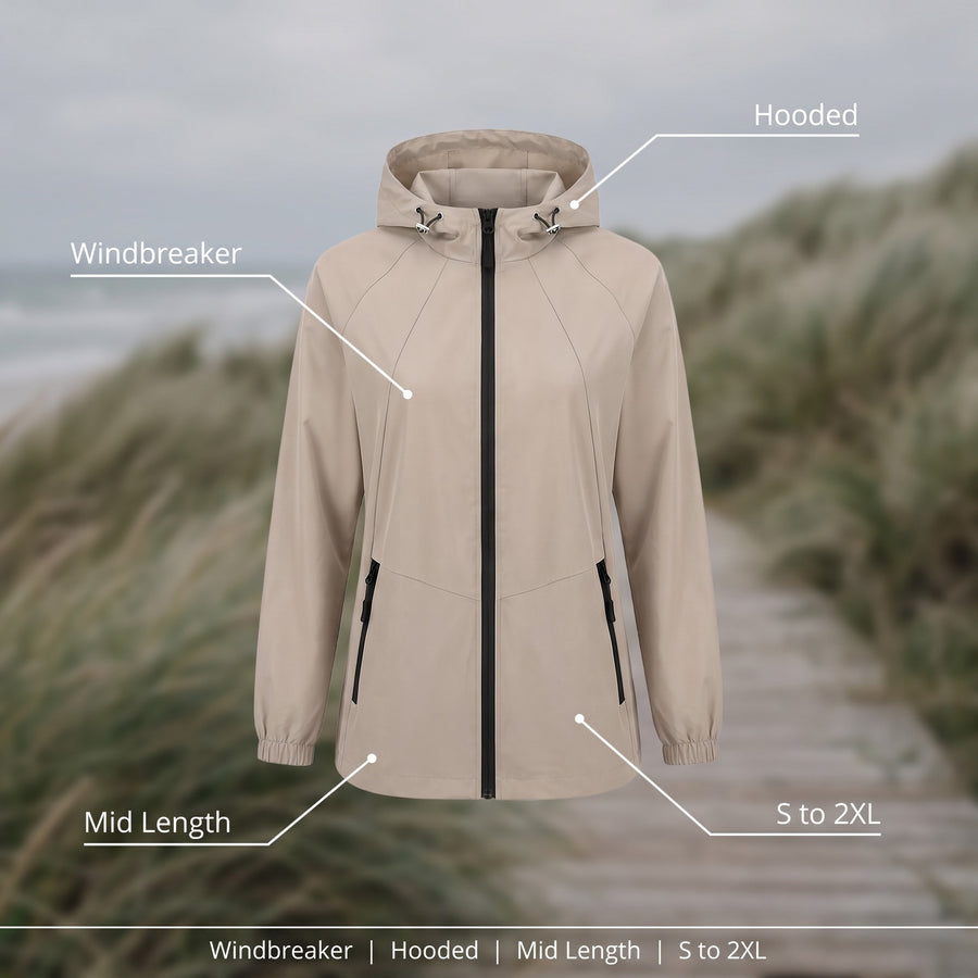 Women's Windbreaker Jacket Hooded Pockets Mid Length Loose Fit, product photo 2