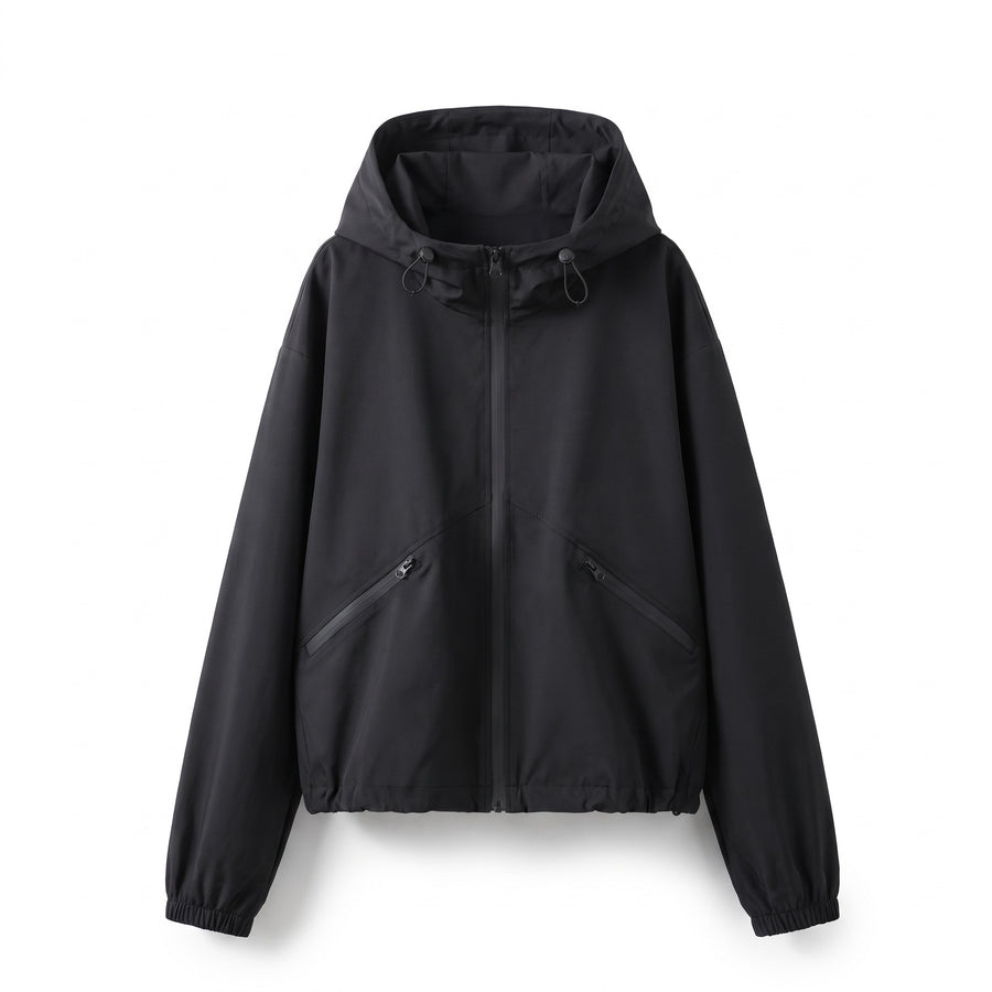 Women's Windproof Jacket Hooded Drawcord Loose Short Black, product photo 1