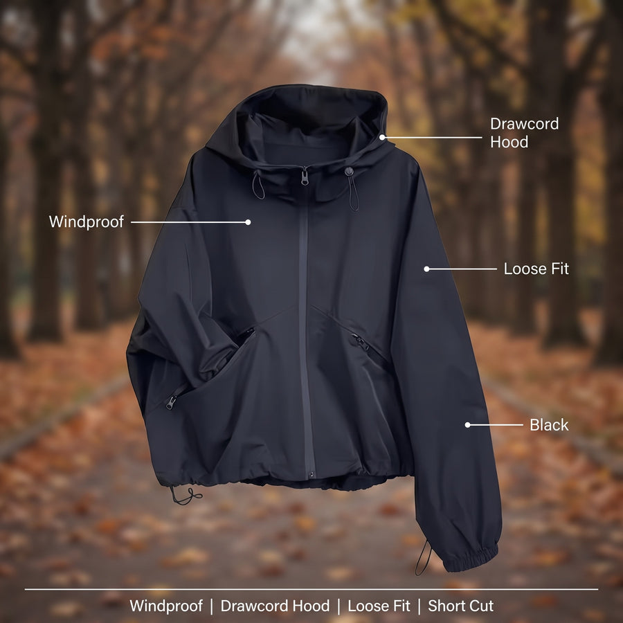 Women's Windproof Jacket Hooded Drawcord Loose Short Black, product photo 2