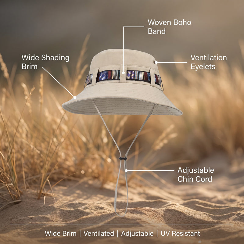 Woven Boho Sun Hat Wide Brim Adjustable Chin Cord Outdoor Travel, product photo 2