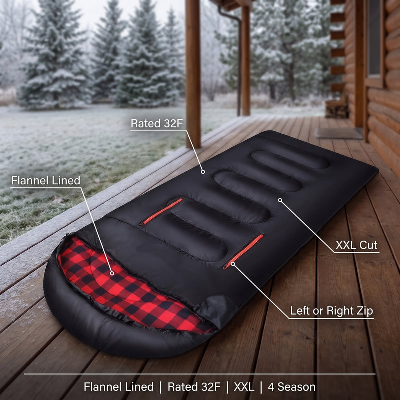 XXL Flannel Lined Sleeping Bag Rated 32F Four Season Envelope, product photo 2