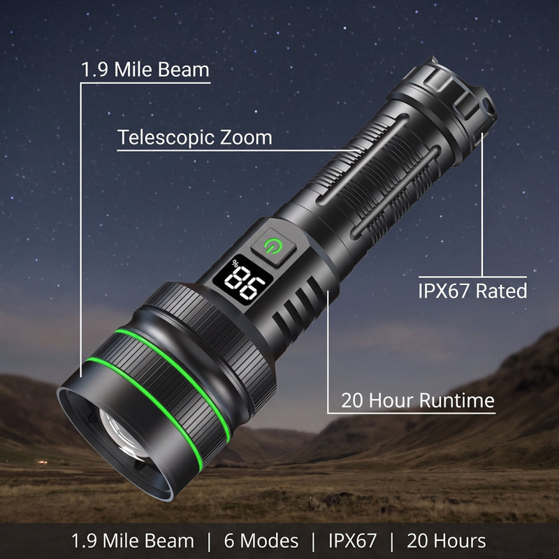 Zoomable LED Flashlight 1.9 Mile Beam IPX67 Rechargeable Torch, product photo 2