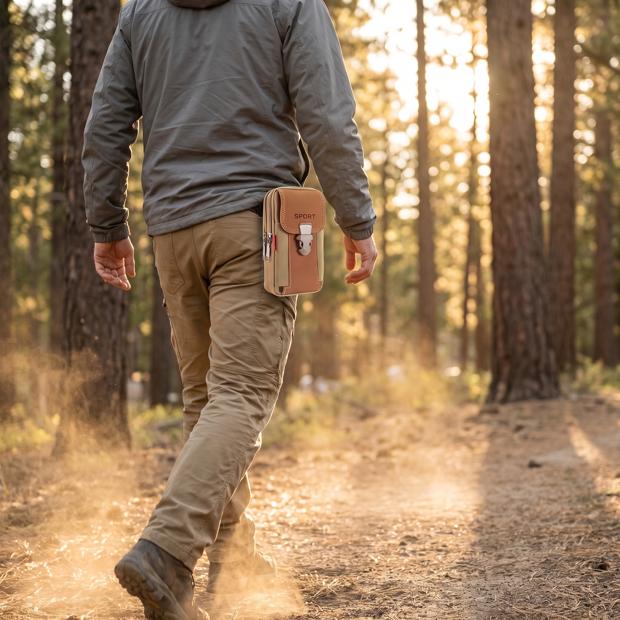 Man hiking wearing belt pouch on trail