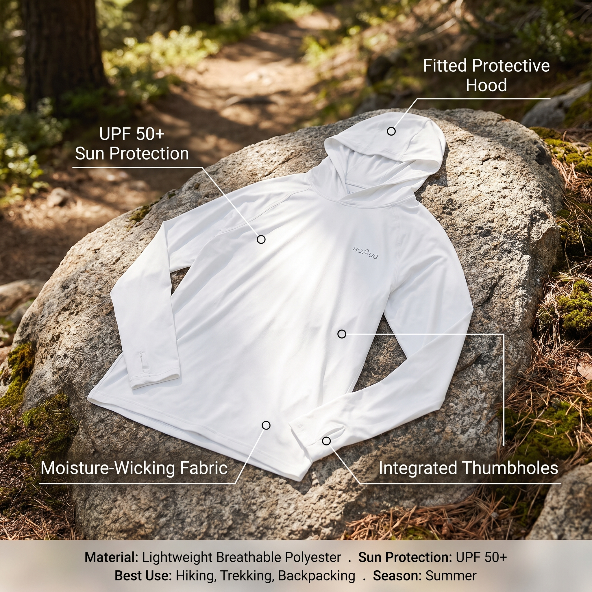 UPF 50+ hooded sun shirt infographic - sun protection, hood, moisture-wicking, thumbholes