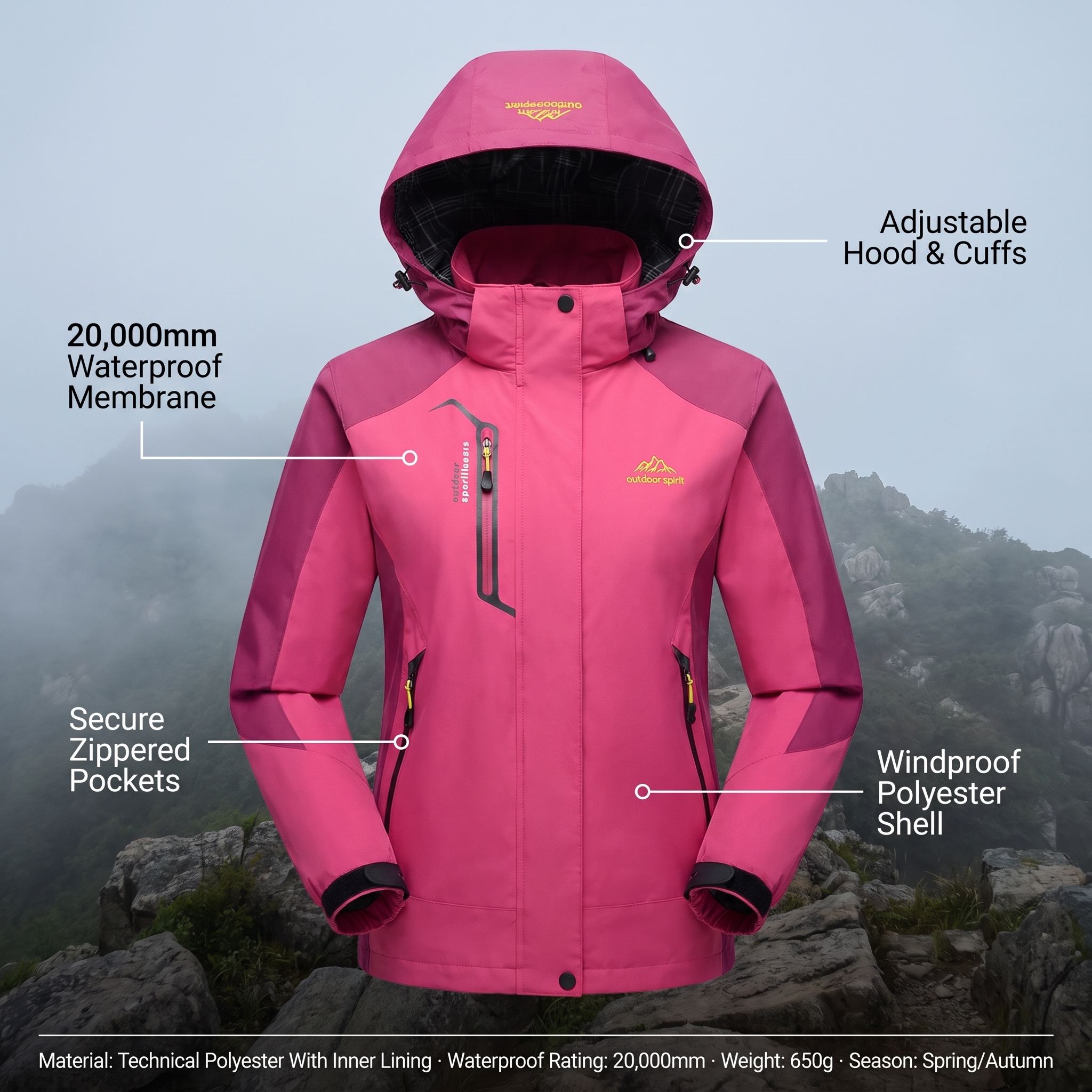 Women's waterproof hiking jacket infographic - 20000mm waterproof, adjustable hood, zippered pockets, windproof