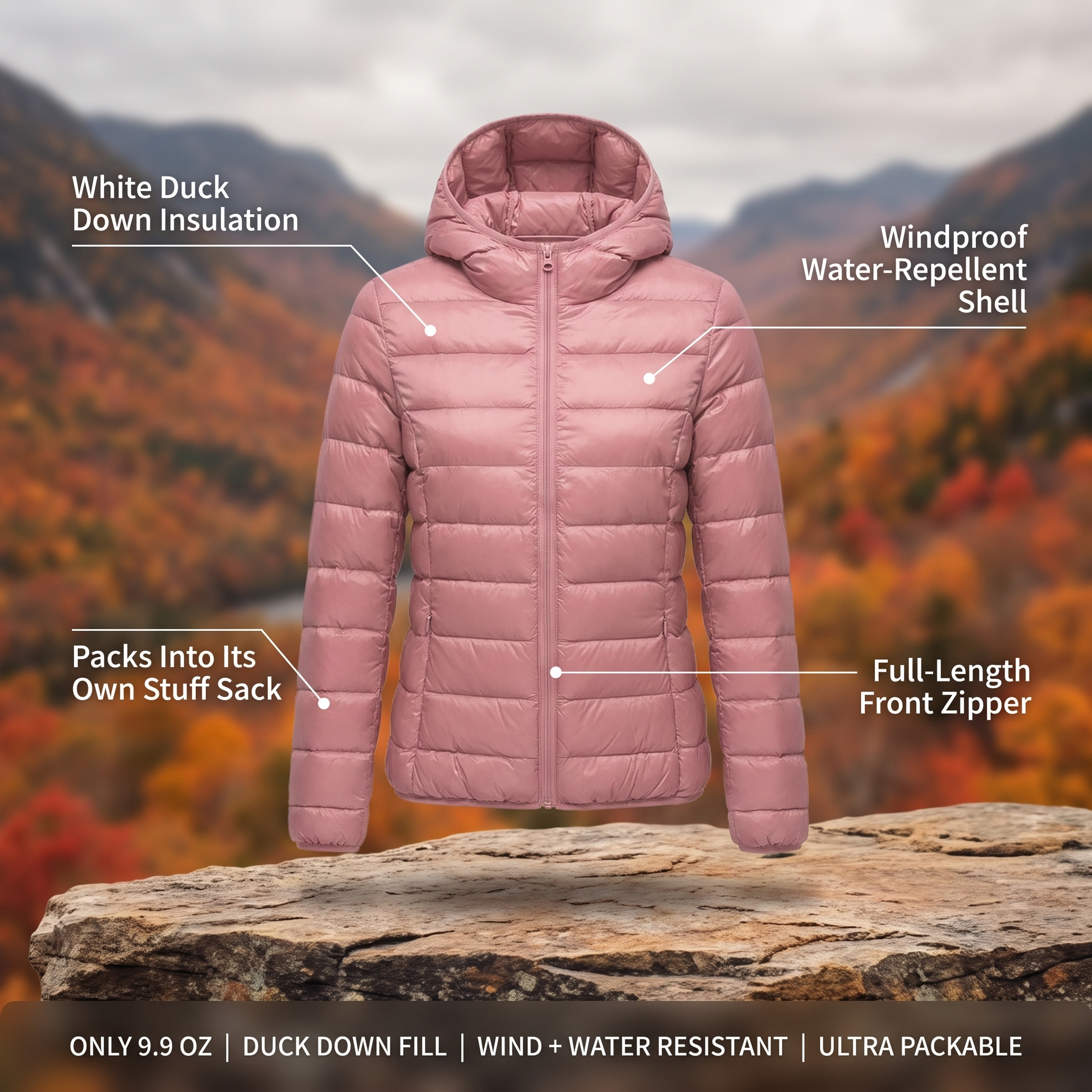 Women's packable down jacket features and specs