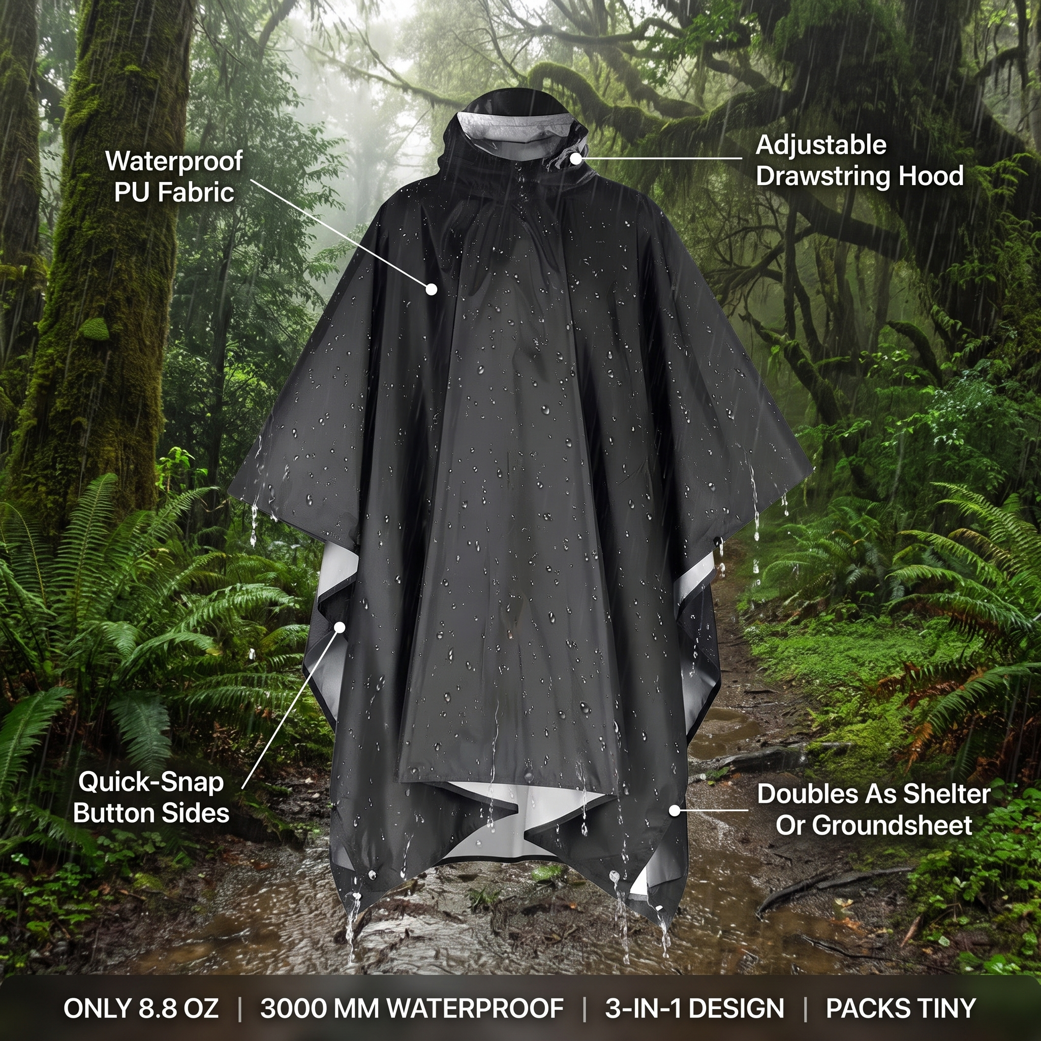 Waterproof rain poncho features and specs